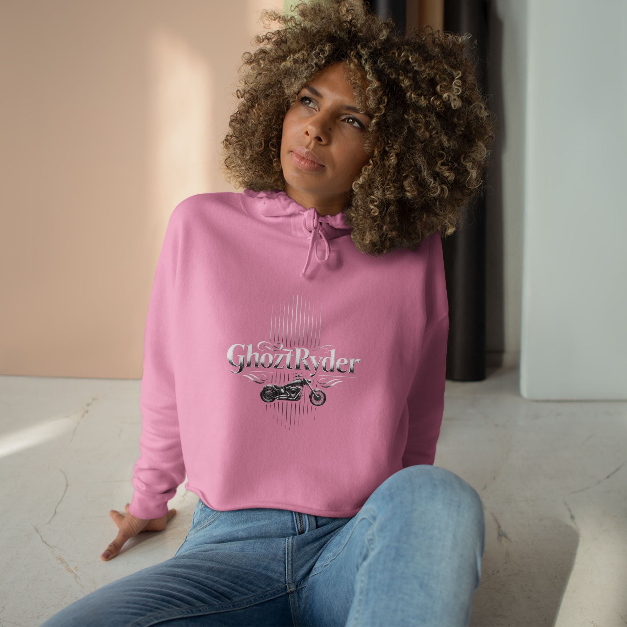 GhoztRyder Logo Crop Hoodie — Women's Black Streetwear Motorcycle-Inspired Pullover