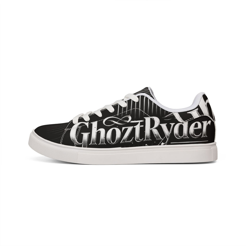 Low-Top Sneakers — Black Leather 'GhoztRyder' Graphic