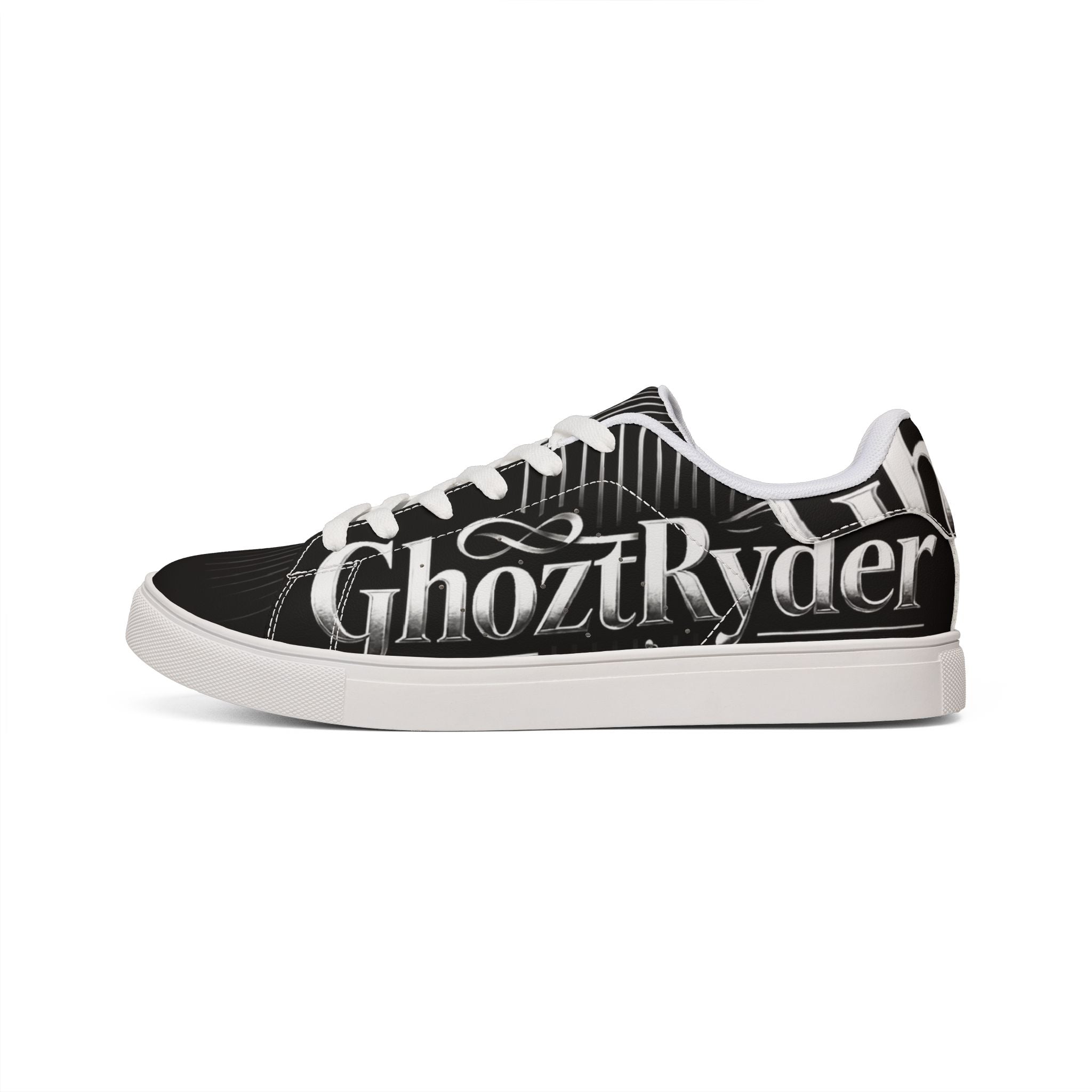Low-Top Sneakers — Black Leather 'GhoztRyder' Graphic