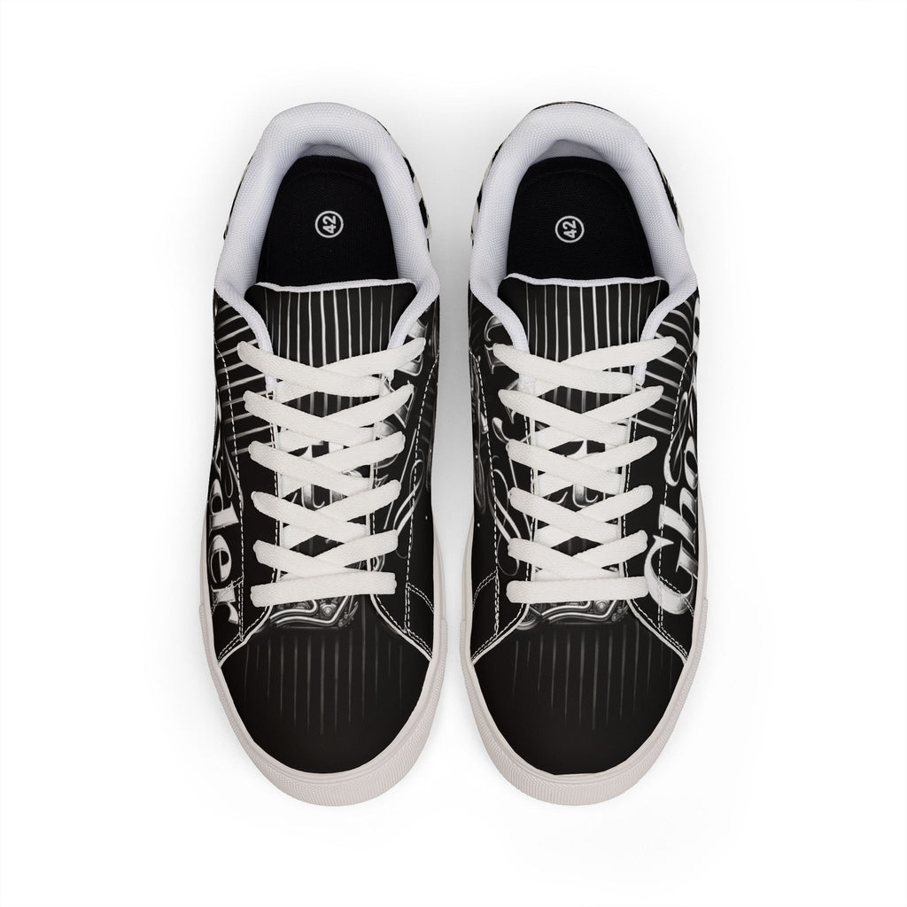 Low-Top Sneakers — Black Leather 'GhoztRyder' Graphic