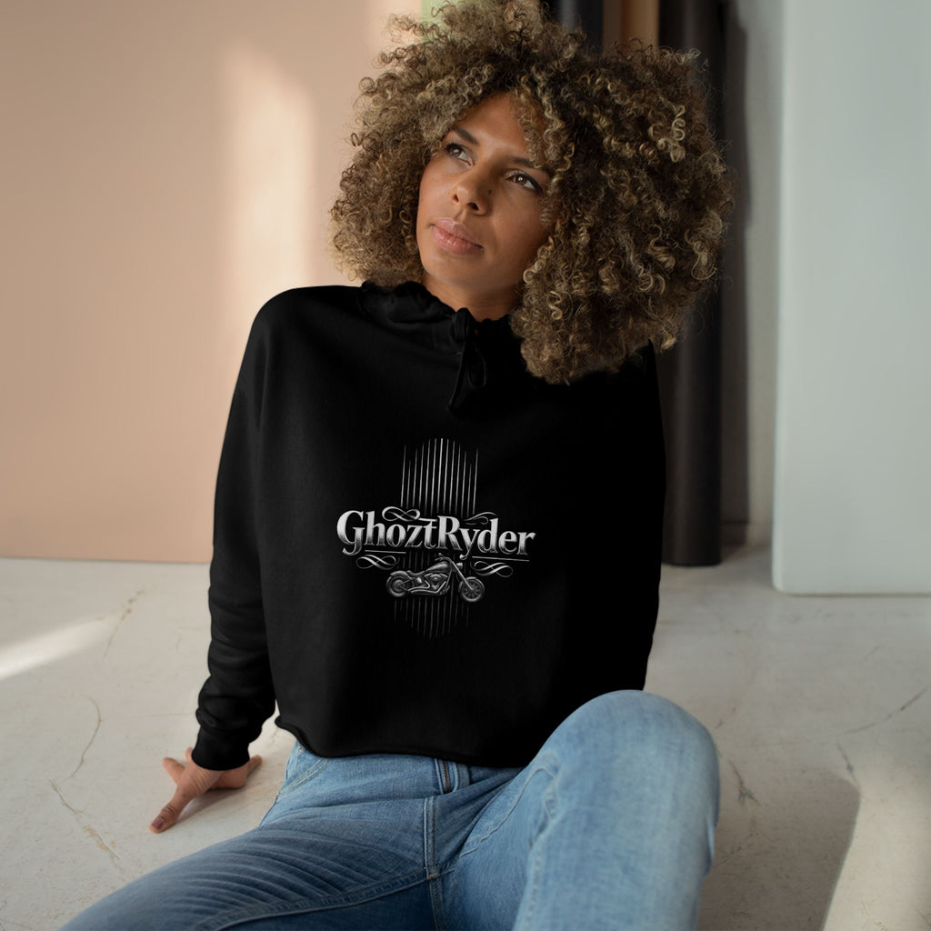 GhoztRyder Logo Crop Hoodie — Women's Black Streetwear Motorcycle-Inspired Pullover
