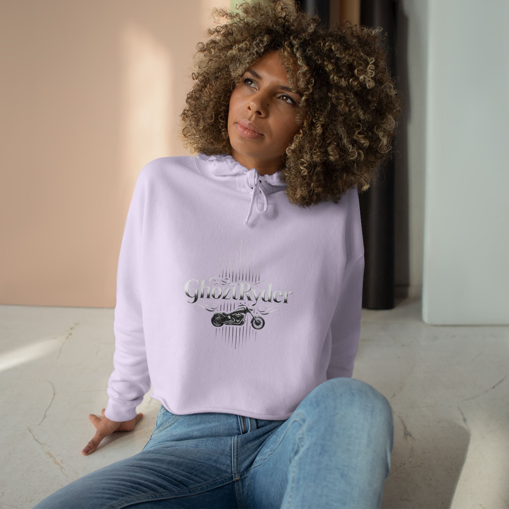 GhoztRyder Logo Crop Hoodie — Women's Black Streetwear Motorcycle-Inspired Pullover