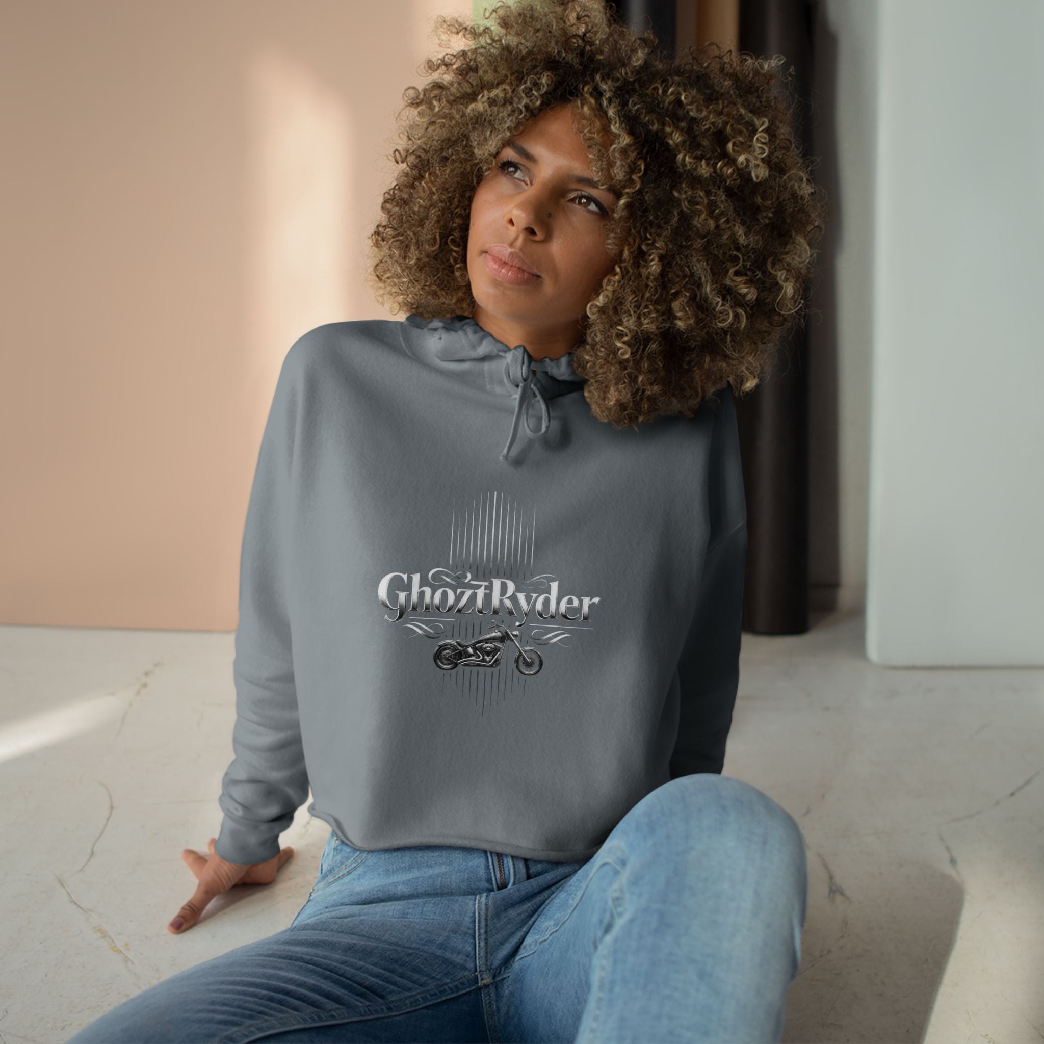 GhoztRyder Logo Crop Hoodie — Women's Black Streetwear Motorcycle-Inspired Pullover