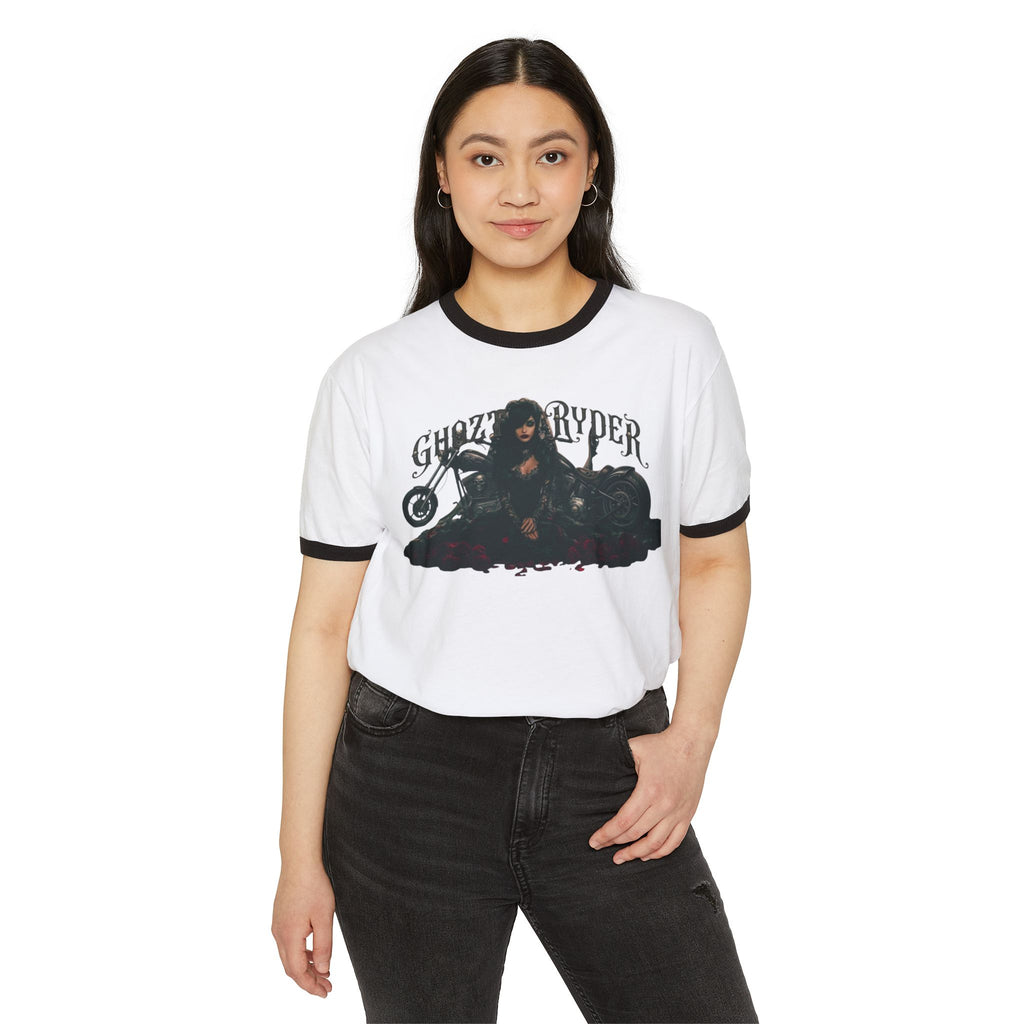 Ghouls & Grydper Ringer Tee — Vintage Biker Witch Graphic Shirt