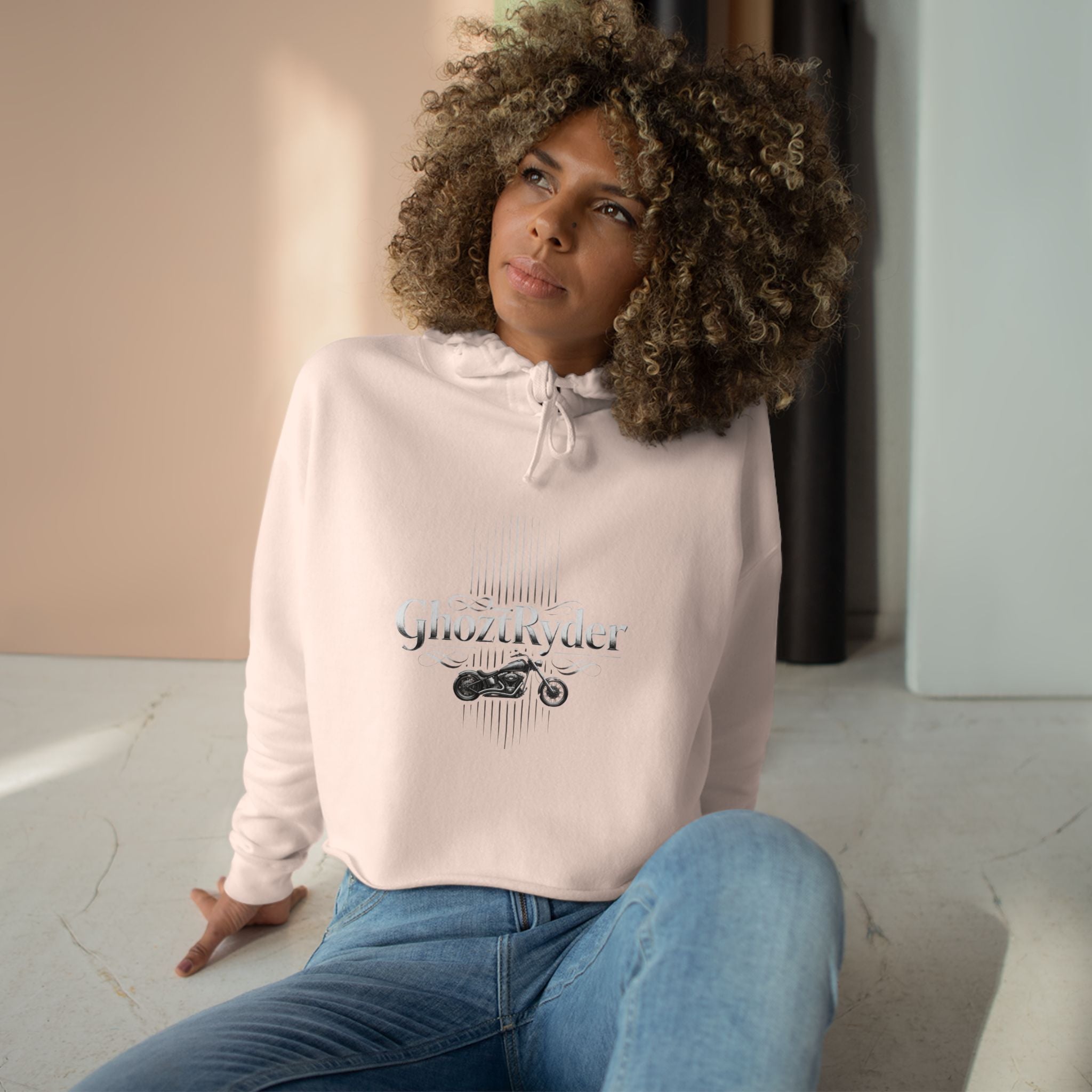 GhoztRyder Logo Crop Hoodie — Women's Black Streetwear Motorcycle-Inspired Pullover